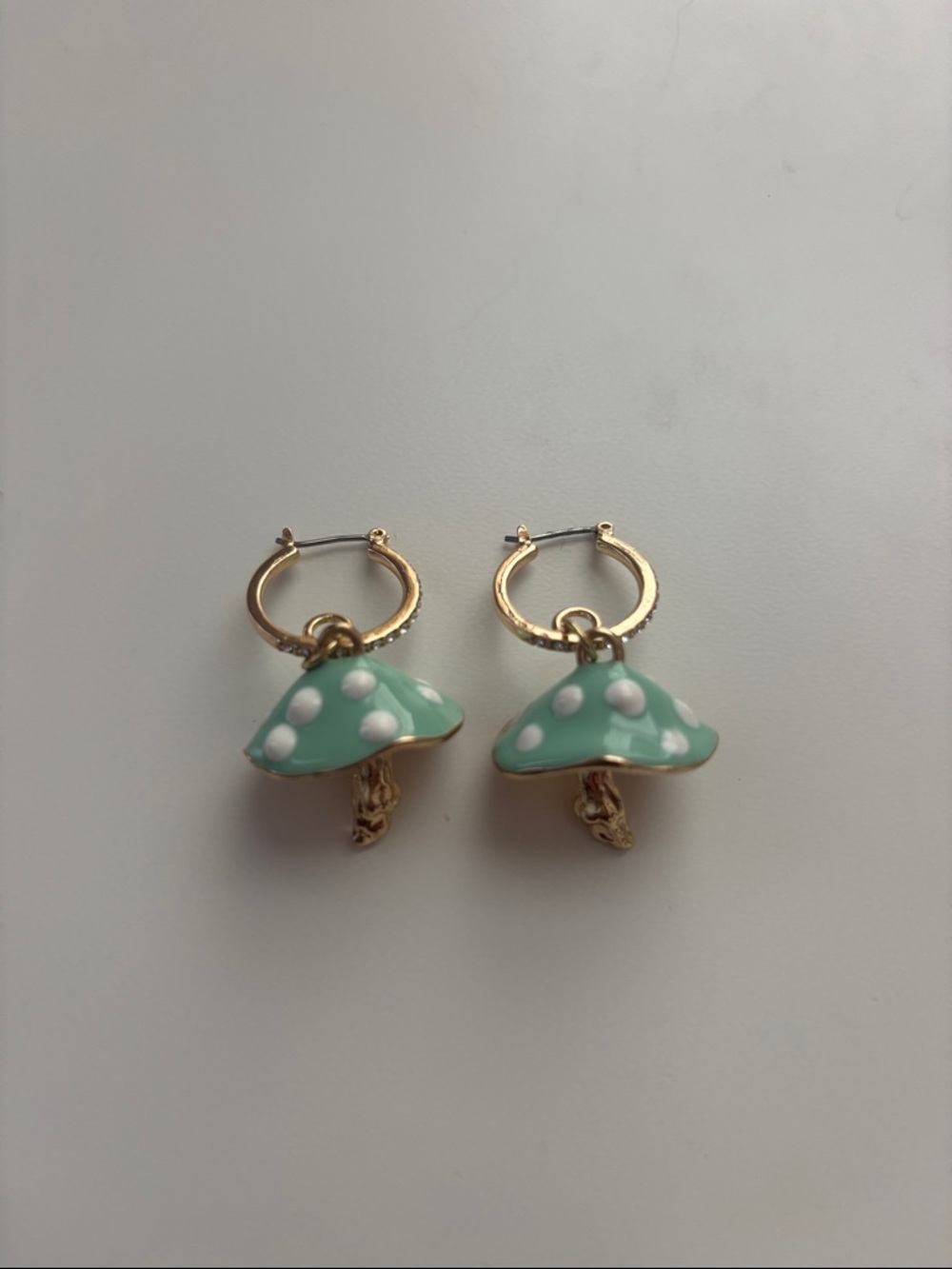 Gold Hoop Earrings with Mint Green Polka-Dot Mushroom Charms